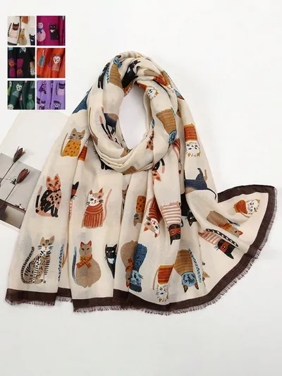 1 pieza Bufanda con estampado de gato con flecos estilo bohemio para mujer