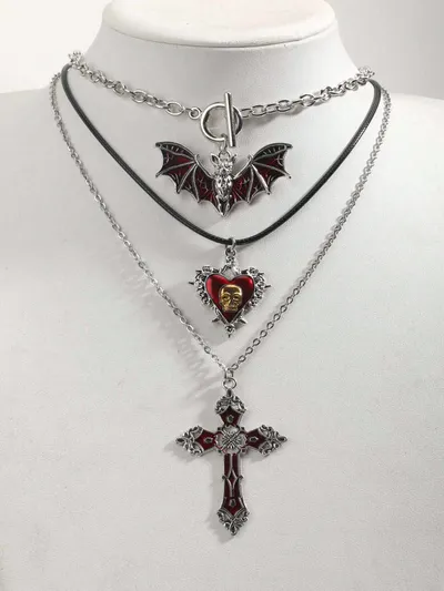 Conjunto de 3 collares vintage góticos punk para mujer con murciélago, cadena OT, calavera, cruz, rosa y corazón, acero inoxidable, cruz roja, diseño de tres capas para la clavícula, estilo Y2K europeo americano, para Halloween