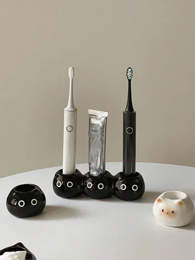 1 pieza Soporte para cepillo de dientes de cerámica con forma de gato, organizador de soporte para cepillo de dientes eléctrico de gato siamés lindo, base para colocar pasta de dientes para pareja, decoración de baño para el hogar, almacenamiento de 