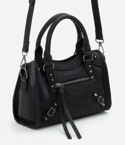 Bolsa Pequena Satchel com Detalhes Metálicos Preto