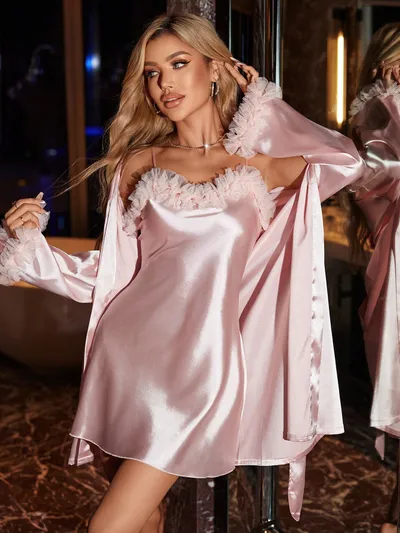 SilkySpell 2 Peças Conjunto: Camisola de Seda Falsa com Acabamento Floral e Roupão Cintado, Roupas de Outono e Inverno Aconchegantes e Elegantes