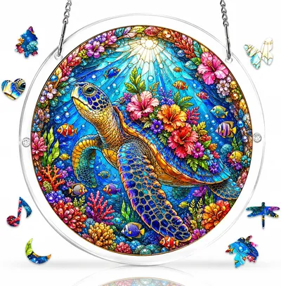 Acrylic Puzzle for Adults, Stained Glass Sea Turtle Style Acrylic Jigsaw Puzzle Suncatcher with Irregular Pieces, Window Hanging Sun Catcher, Art Home Decor Gift for Women Mom (S)