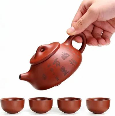 Yixing Purple Clay Teapot Set, 6 oz Zisha Tea Pot and 4 Cups