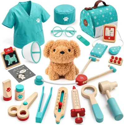Lehoo Castle Wooden Doctor Kit Kids,Vet Play Set for Toddler 3-7(Green)