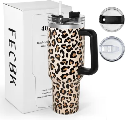 Mug Isotherme avec Paille et Poignée 1.2L, Tasse Isotherme 100% Anti-fuite, 34 Heures Froid, 12 Heures Chaud, Gobelet en Acier Inoxydable, Léopard
