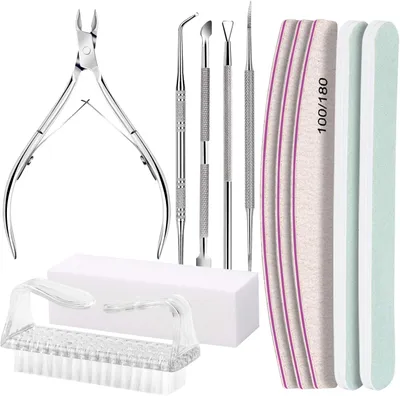 FANDAMEI Manicure Kit, Nail Files 100/180, Cuticle Nippers, Nail Buffer Block, Cuticle Pusher, Cuticle Peeler, Ingrown Toenail Tool, Toenail File, Nail Care Kit, Nail Tools for Manicure, White