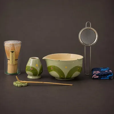 Matcha Whisk Set, 7Pcs Matcha Set with Hand-Painted Ceramic Matcha Bowl, Matcha Whisk and Holder, Scoop and Rest, Sifter, Tea Towel, Artisan Matcha Kit for Ceremony & Gifting (Green)