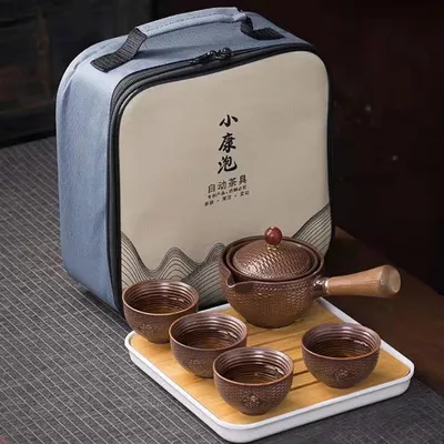 Ceramic Portable Travel Tea Set, Chinese Kungfu Tea Set with 360 Rotation Teapot and Infuser, 4 Tea Cups, Tea Tray and Travel Bag (Wood Color Weave)