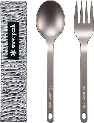 Snow Peak Titanium Fork & Spoon Set - Ultralight & Portable Camping Utensil Set - Durable Titanium Cutlery with Canvas Travel Case