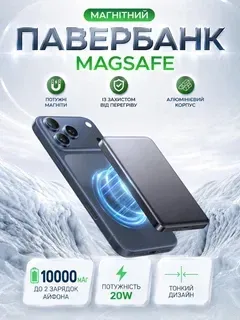 Магнітний повербанк MagSafe бездротовий powerbank портативний power bank тонкий магнітна зарядка магсейф зовнішній акумулятор максейв алюмінієвий для iPhone айфона Apple 12 / 13 / 14 / 15 / 16 / 17 10000 mAh 20W швидка Aluminium QINETIQ MAGPRO P10 сі