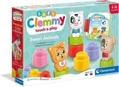 Clementoni Soft Clemmy - Sweet Animals, Play Set Bambini 6-36 Mesi, con 6 Mattoncini per Costruzioni e 3 Personaggi, Gioco Prima Infanzia Made in Italy, per Stimolare i Sensi dei più Piccoli, 17849