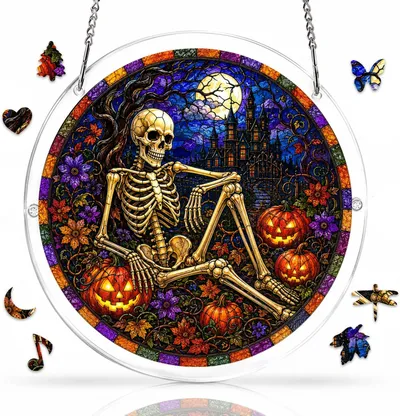 Acrylic Puzzle for Adults, Stained Glass Style Halloween Skeleton Acrylic Jigsaw Puzzle Suncatcher with Irregular Pieces, Window Hanging Sun Catcher, Home Decor Gift for Women Mom (S)