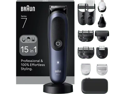 Afeitadora multifunción - Braun Recortadora todo en 1 Series 7 AIO7580, Kit De Styling 15 en 1, Lámina ProBlade, AutoSense, Wet& Dry, Azul