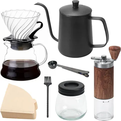 Set di Macinacaffè Manuali da 7 Pezzi,Versare sopra la caffettiera con set di bollitore,Macinacaffe Portatile Professionale,Grado di Rettifica Regolabile,Per l'ufficio domestico (100 filtri)