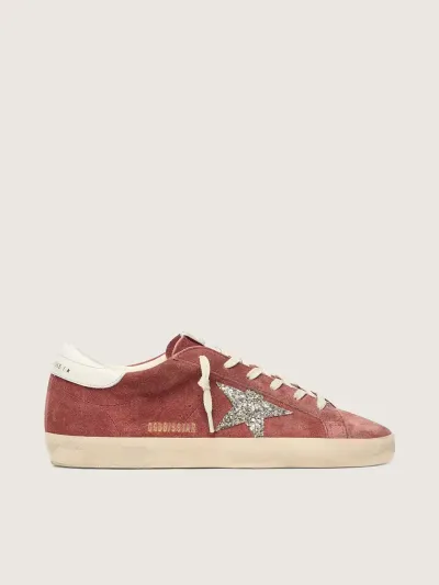 Women’s Super-Star in rust-red suede with silver glitter star