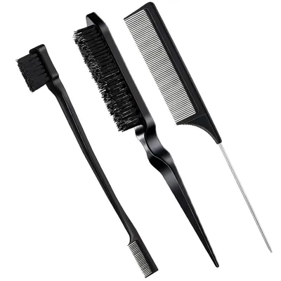 Geiserailie 3 Pcs Slick Back Hair Brush Set Bristle Brush, Black