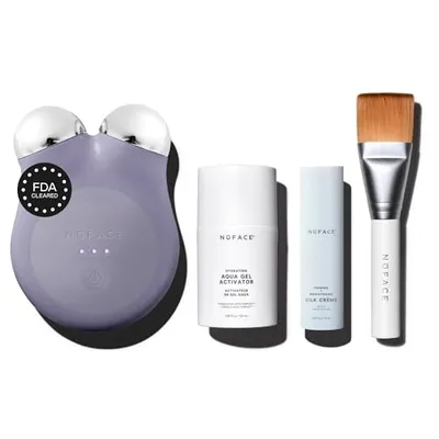 NuFACE MINI+ Microcurrent Facial Device Kit, FDA-zugelassen - Mikrostrom-Gerät zur Hautstraffung, zum Konturieren, Liften und Straffen - inkl. Gel Aktivator, Silk Creme & Applikator-Bürste - Violett