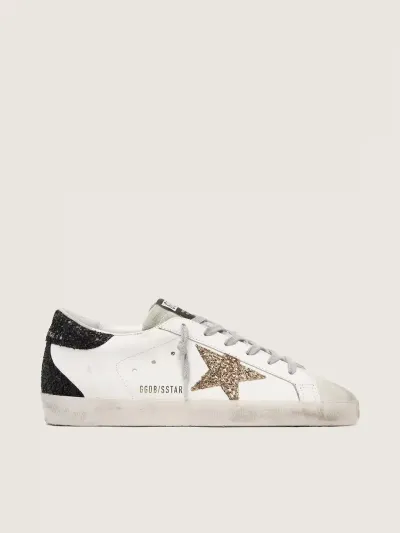 Super-Star Feminino de napa com estrela de glitter dourado e talão de glitter preto